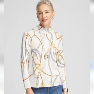 Chico's Shimmer Mockneck Sweater Equestrian Print Silver Gold Size 0 Small